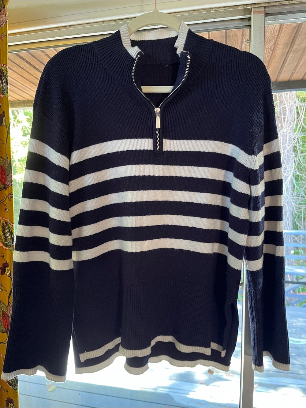 Men's Navy and White Striped Half-Zip Sweater